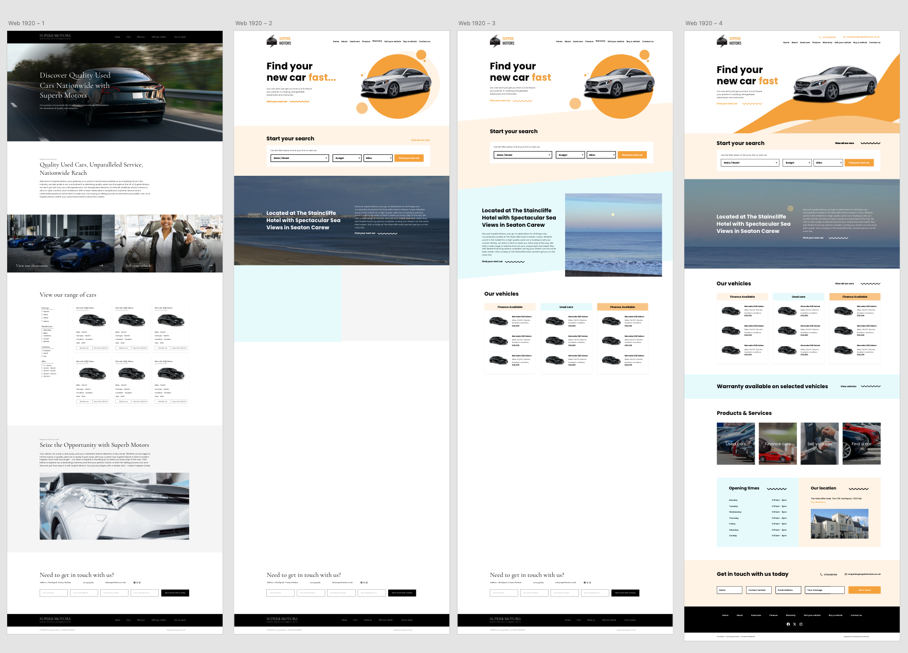 Design iterations in Adobe XD for Superb Motors, alongside the final approved design.