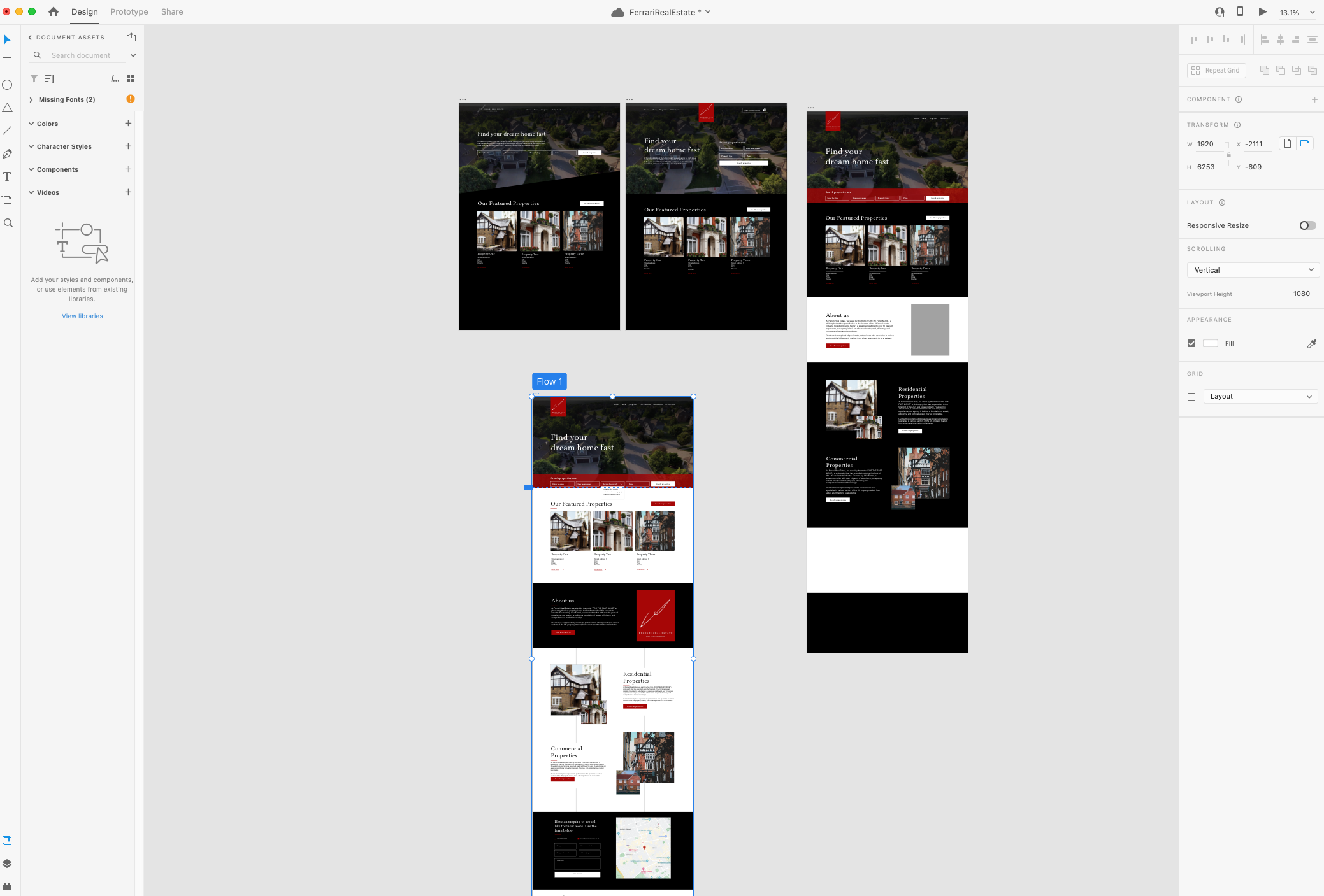 Mockup of the bespoke website design for Ferrari Real Estate, showcasing luxury property listings.