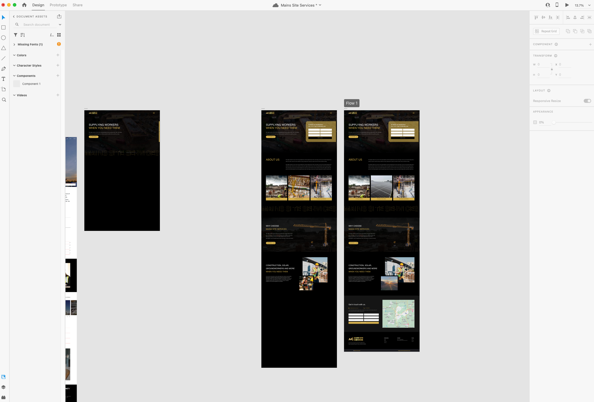 Bespoke website design iterations for Mains Site Services, highlighting the use of animations and custom layouts.
